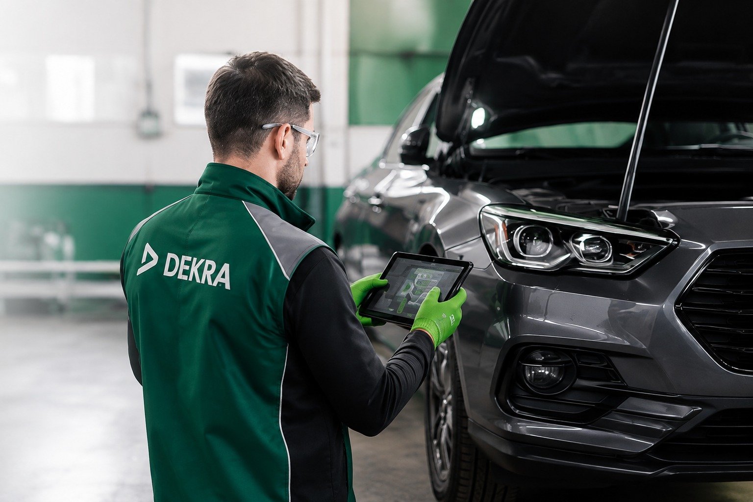 Vistoriador DEKRA inspecionando o motor de um veículo